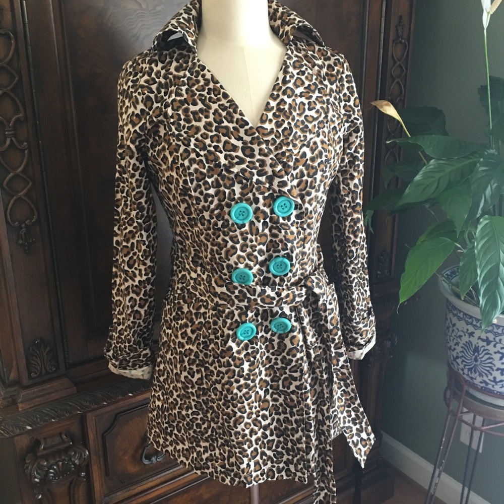Leopard Print w/turquoise buttons rain jacket